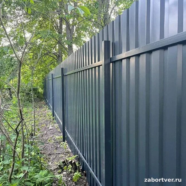 Внутренняя сторона высокого забора из профнастила темно-серого цвета с металлическим каркасом и столбами в лесистой местности