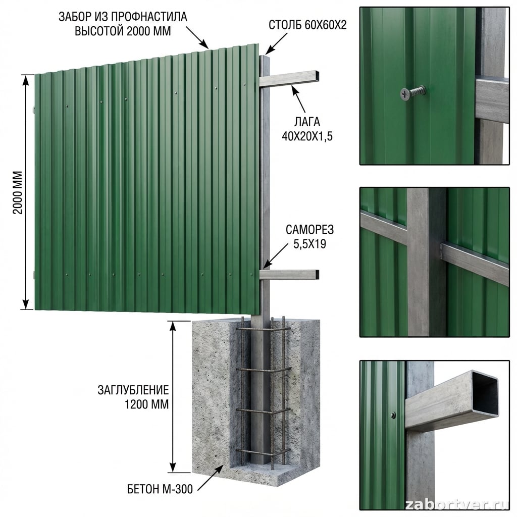 Забор из профнастила: выбор материала, расчет цены и этапы монтажа