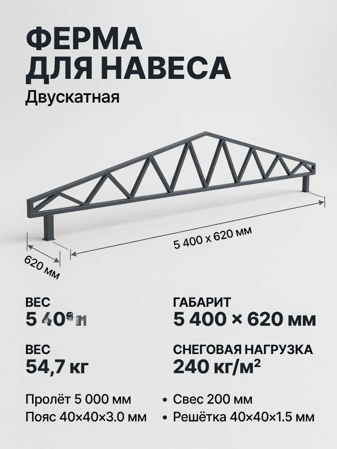 Ферма двускатная 6 м, профиль пояса 60×40×3.0 мм