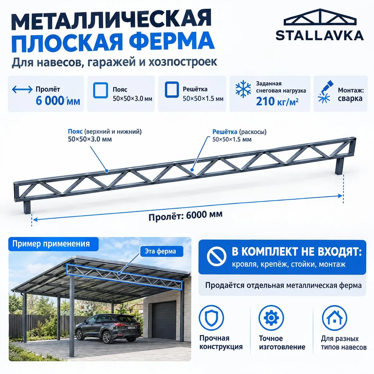 Ферма металлическая плоская 6 м, профиль пояса 50×50×3 мм