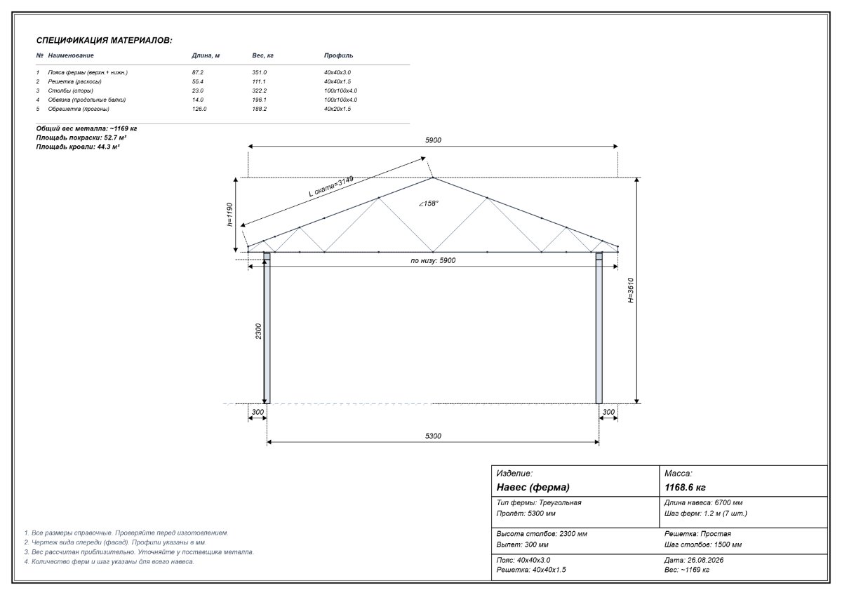 Чертёж навеса 5300×6700 мм — вид спереди с размерами, Тверь