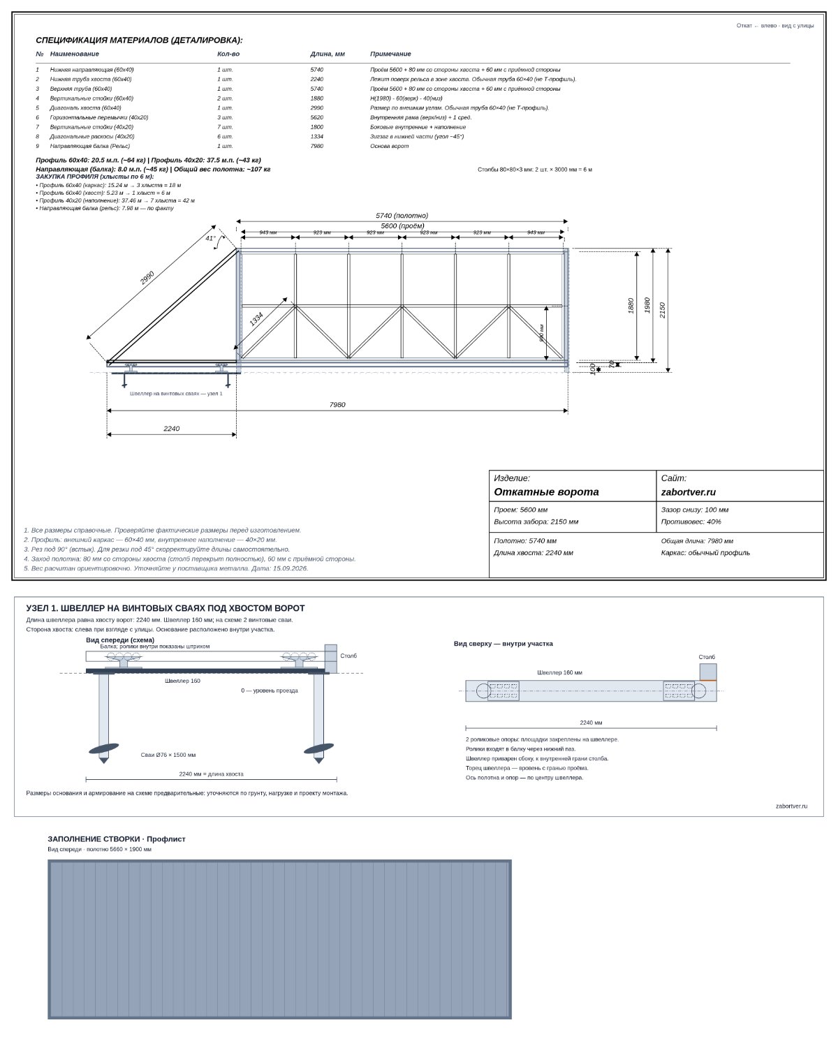 Чертёж откатных ворот 5600×2150 мм — вид спереди с картой раскроя, в Твери