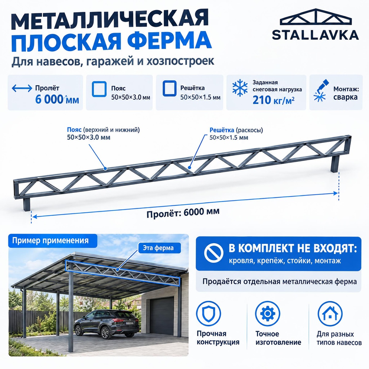 Ферма металлическая плоская 6 м, профиль пояса 50×50×3 мм