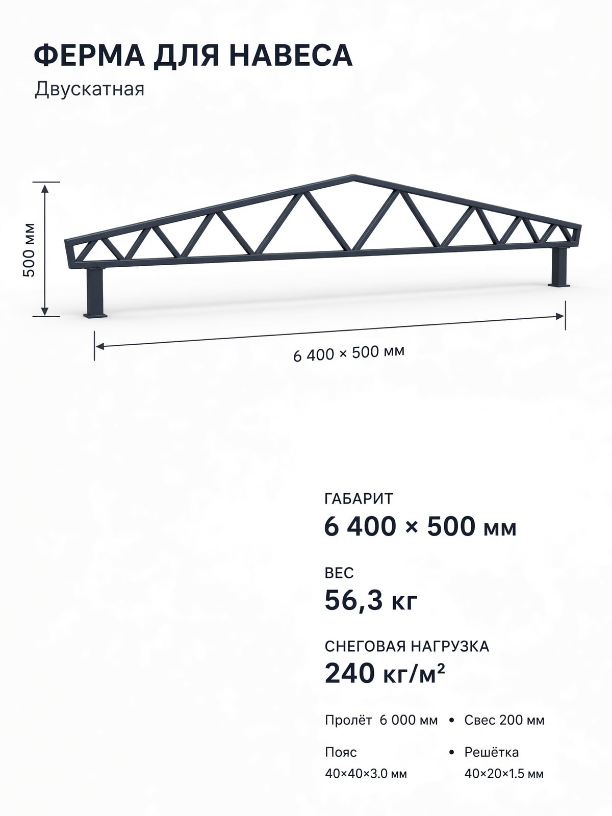 Ферма двускатная 6 м, профиль пояса 40×40×3 мм