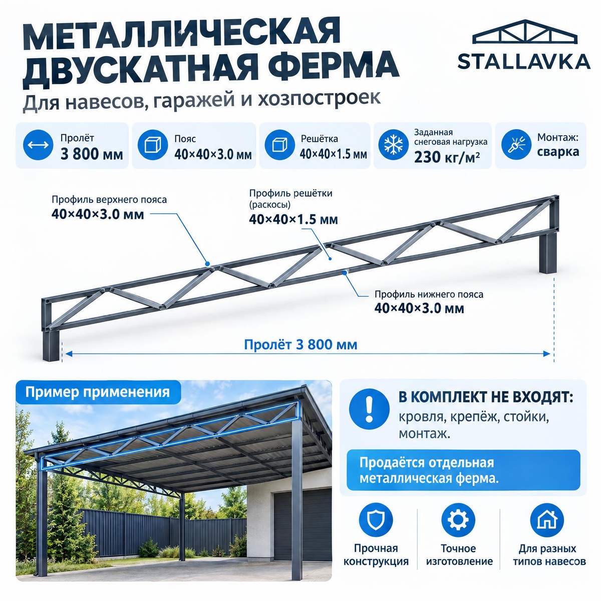 Ферма с параллельными поясами 3,8 м, профиль пояса 40×40×3 мм
