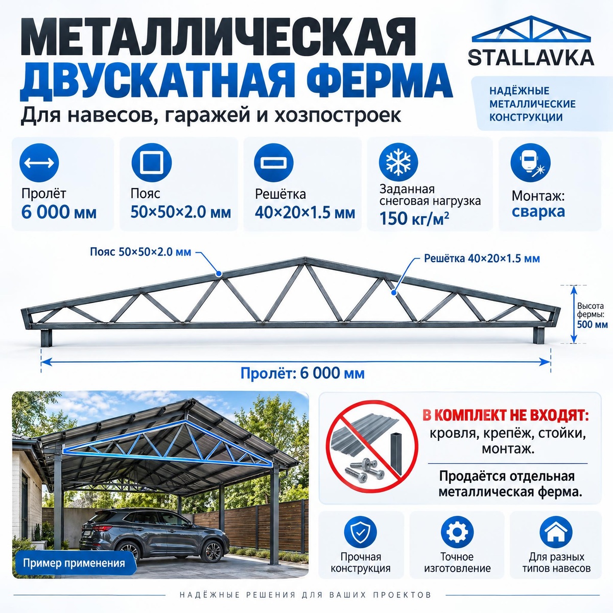 Ферма двускатная 6 м, профиль пояса 50×50×2 мм