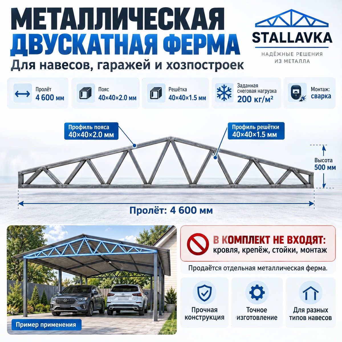 Ферма двускатная 4,6 м, профиль пояса 40×40×2 мм