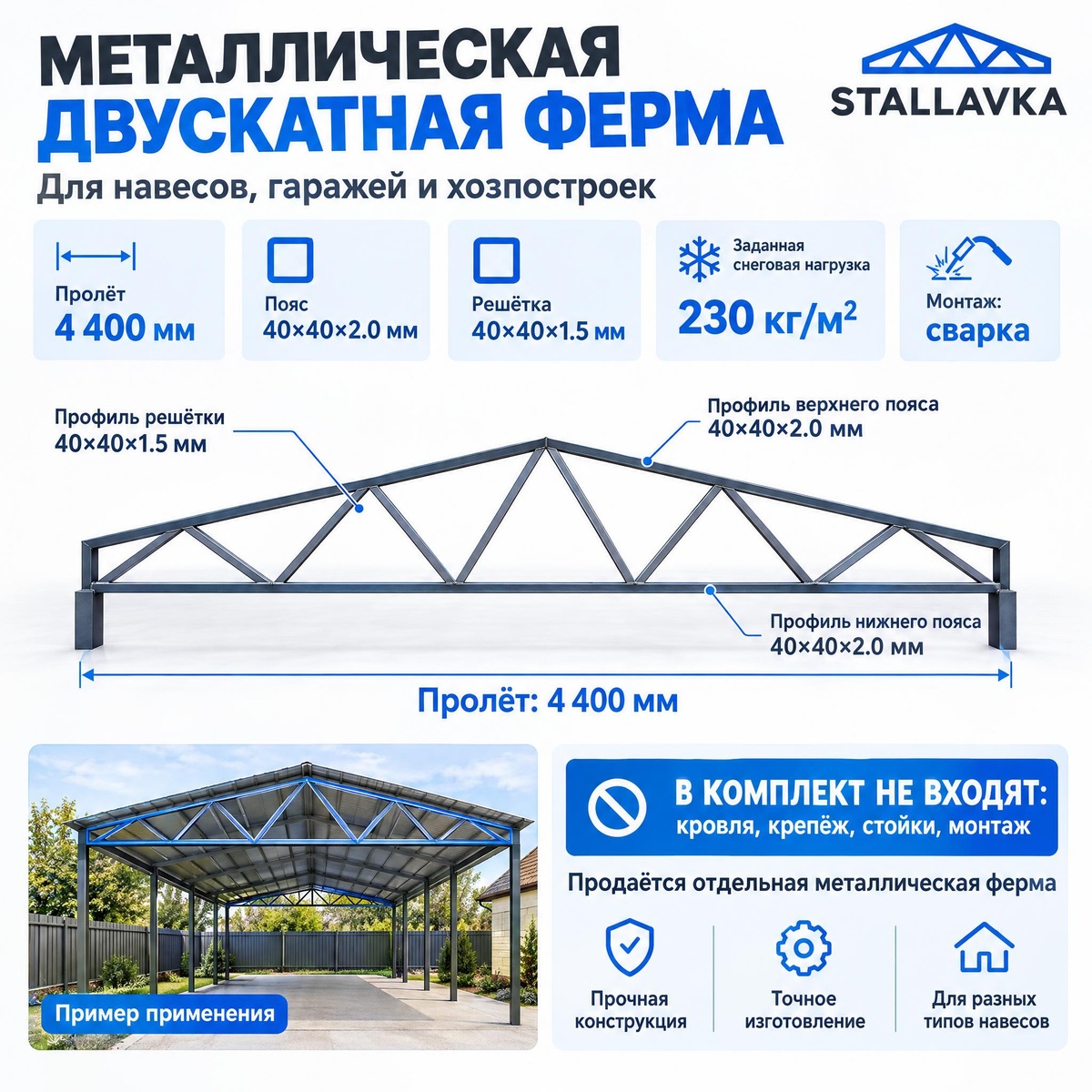 Ферма двускатная 4,4 м, профиль пояса 40×40×2 мм