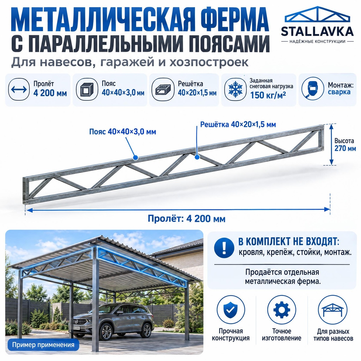Ферма с параллельными поясами 4,2 м, профиль пояса 40×40×3 мм